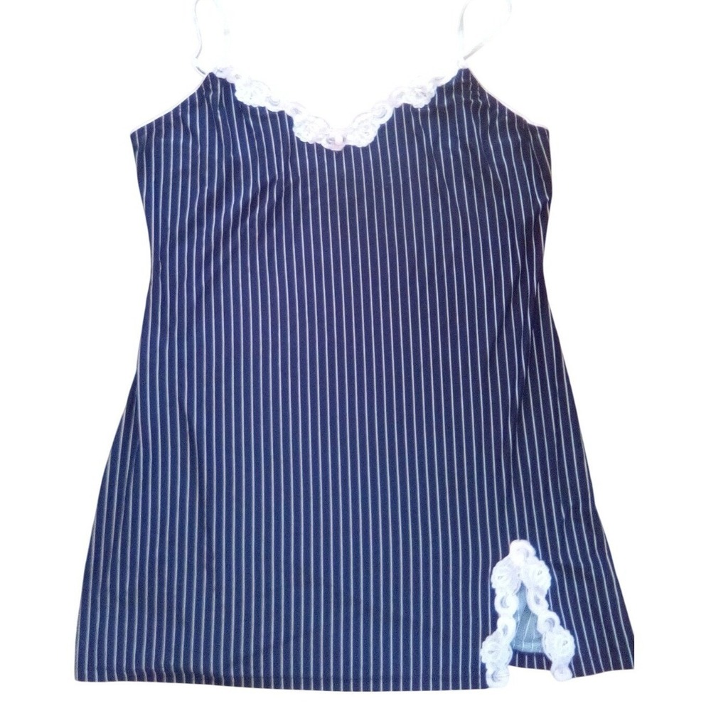 Vintage California Dynasty Black Pinstripe Lace Trimmed Mini Cami Nighty